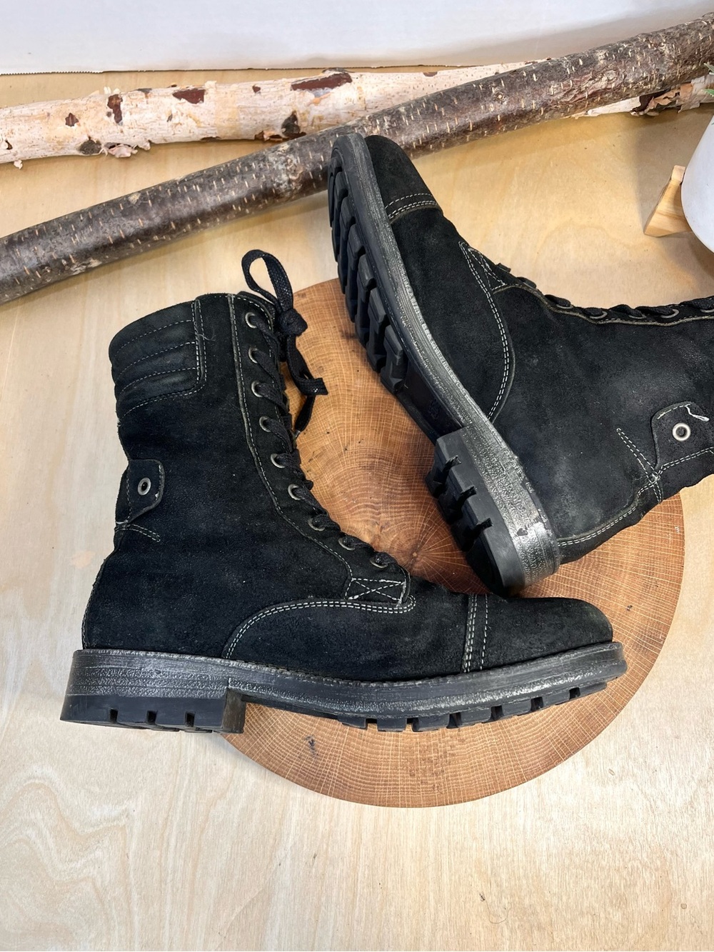 Taos Crave Black Distressed Leather Combat Lace Up Boots Size 7-7.5